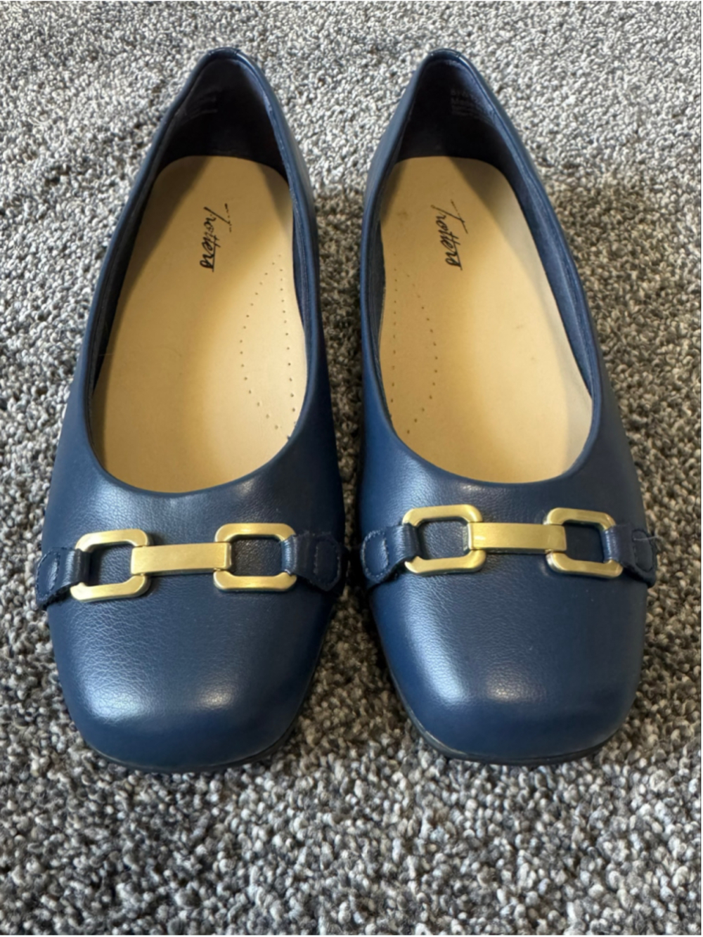 Women's Trotters Navy Sadie Loafers with Gold Buckle, Size 8.5W